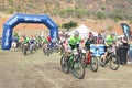 Old and young riders at start of marathon Mountain Bike Race Royalty Free Stock Photo